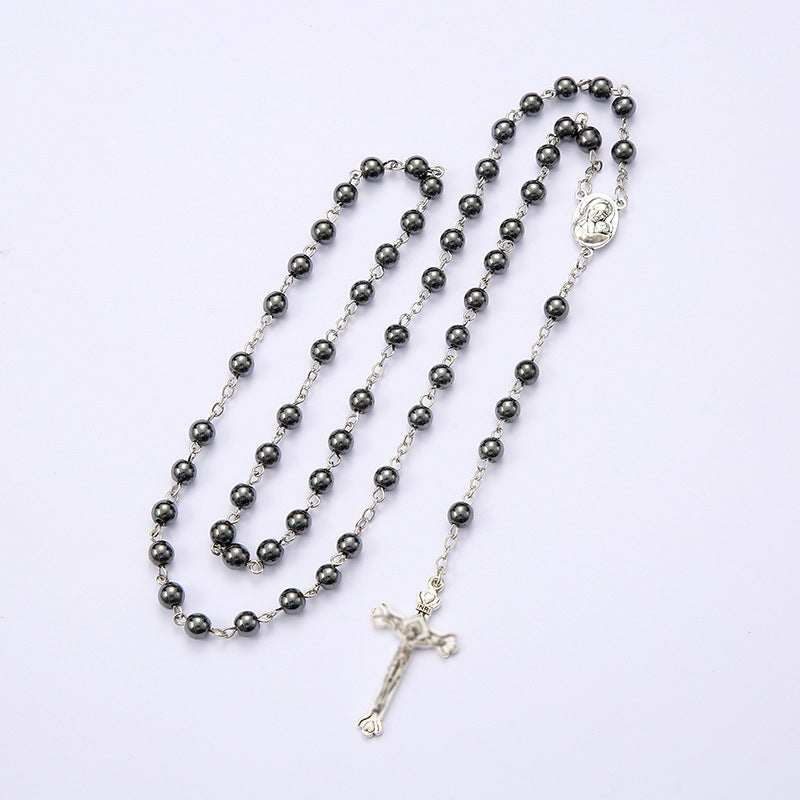 Black gallstone round bead rosary necklace - MERGE.DAY.1.FREESTYLE