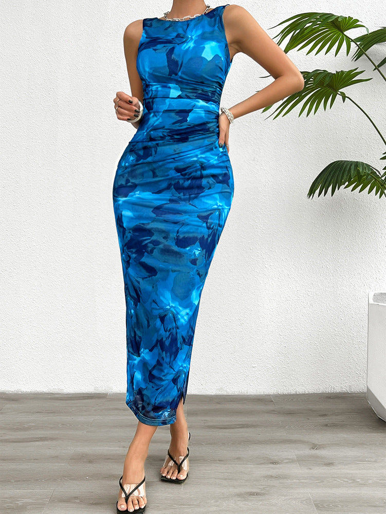 Vestido sin mangas entallado con estampado tie-dye, estilo elegante, primavera-verano 2024