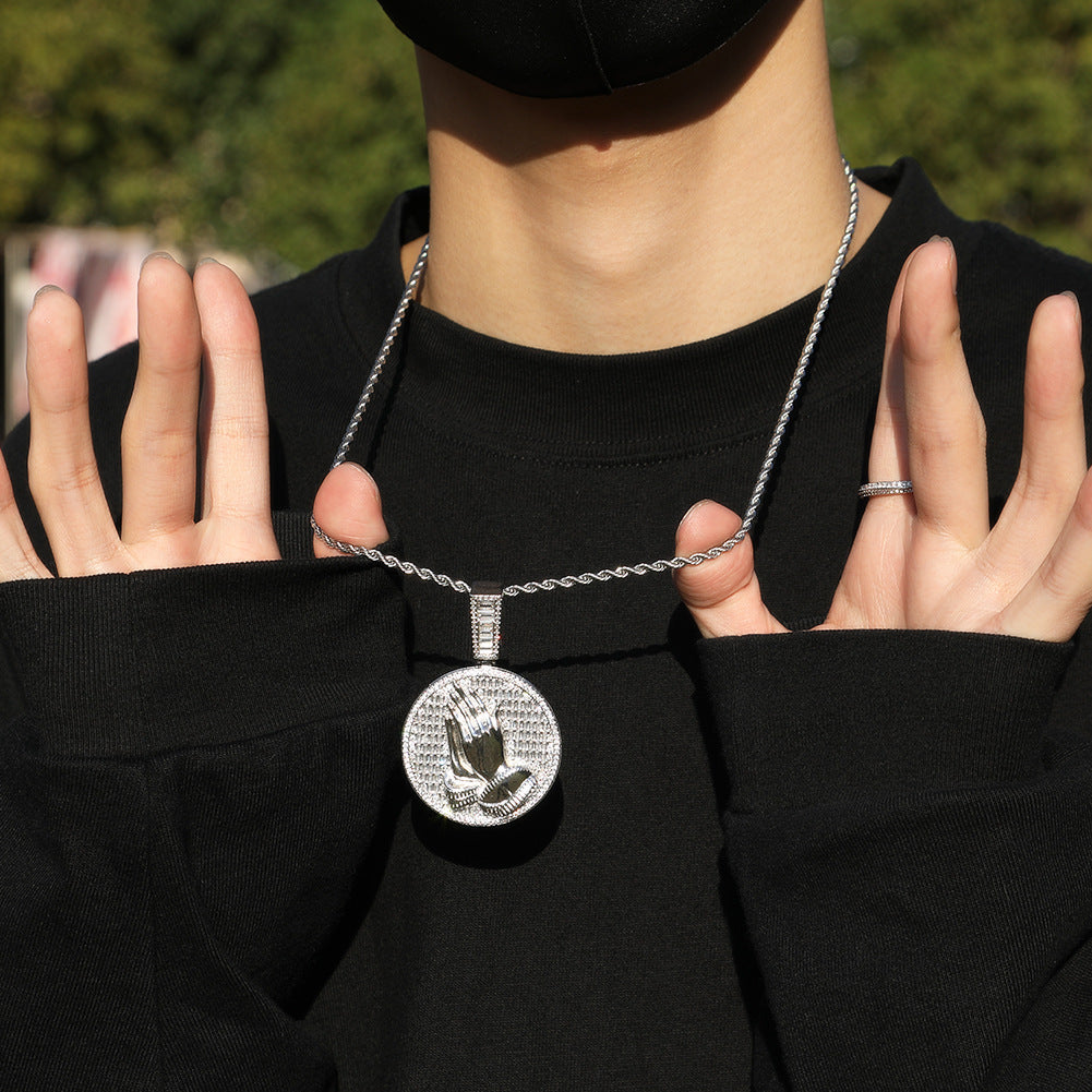 Hip-hop round disc zircon-encrusted praying hands pendant - MERGE.DAY.1.FREESTYLE