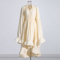 French Palace Style V-Neck Long Sleeve Shawl Pleated Ruffle Dress - MERGE.DAY.1.FREESTYLE