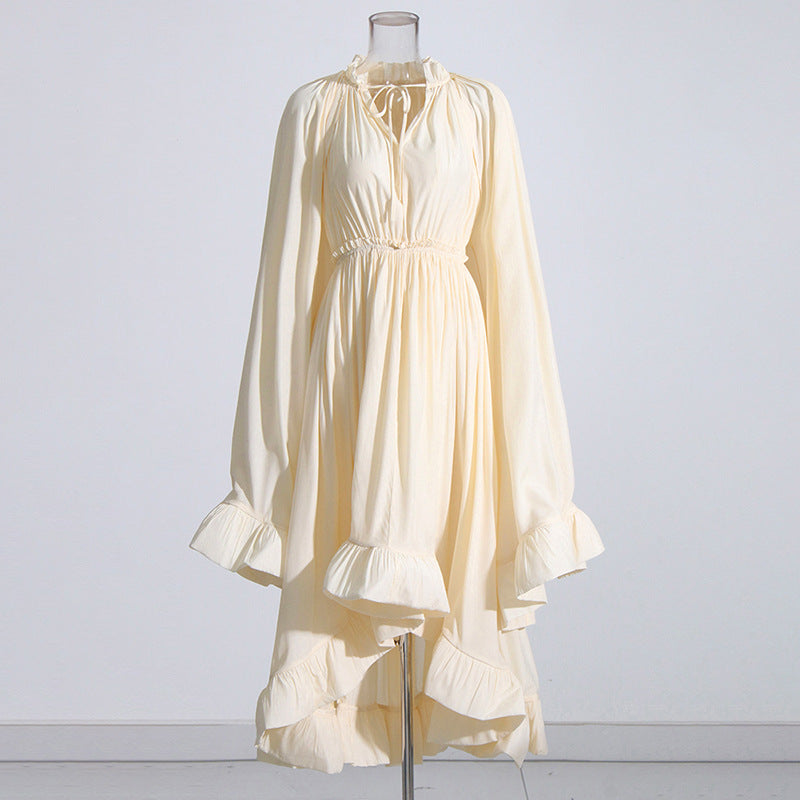 French Palace Style V-Neck Long Sleeve Shawl Pleated Ruffle Dress - MERGE.DAY.1.FREESTYLE