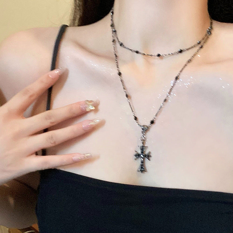 Dark zircon cross beaded necklace double layer neck chain - MERGE.DAY.1.FREESTYLE