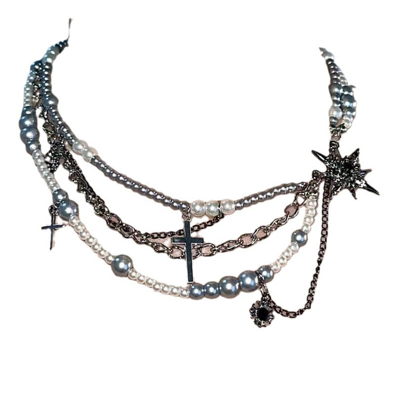 Cross star-shaped pearl multi-layered necklace - MERGE.DAY.1.FREESTYLE