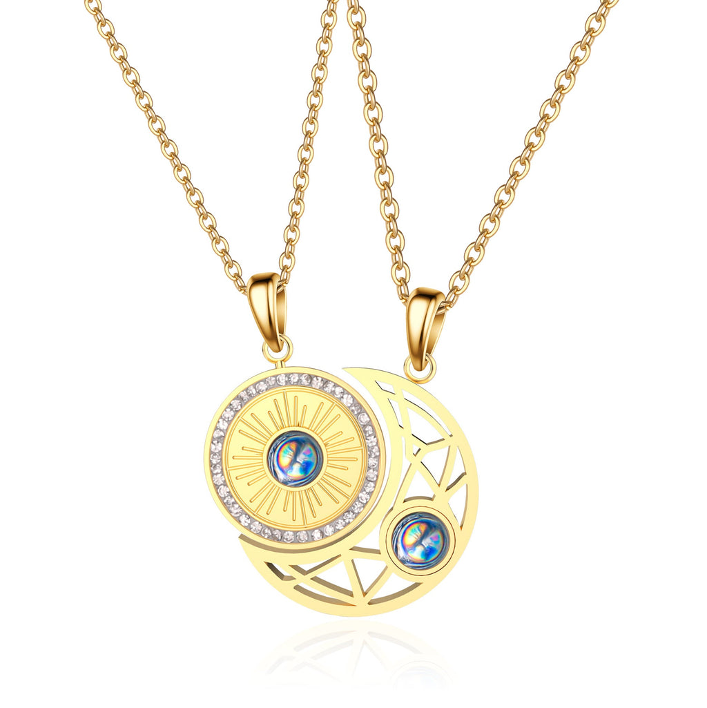 Gold sun and moon projection matching necklaces for couples - MERGE.DAY.1.FREESTYLE