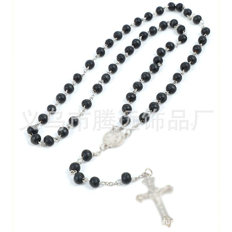 rosary necklace black wooden beads necklace - MERGE.DAY.1.FREESTYLE