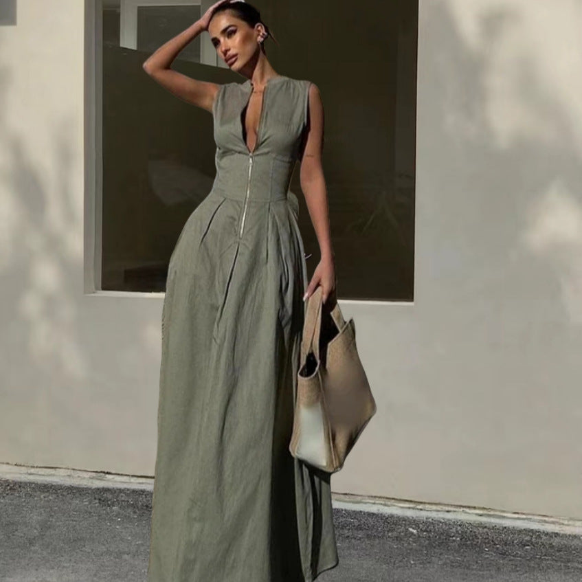 Sleeveless V-neck zipper neck long dress - MERGE.DAY.1.FREESTYLE