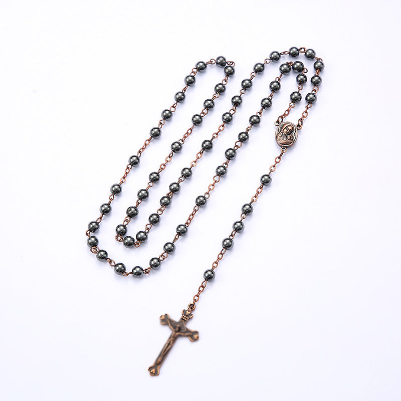 Black gallstone round bead rosary necklace - MERGE.DAY.1.FREESTYLE