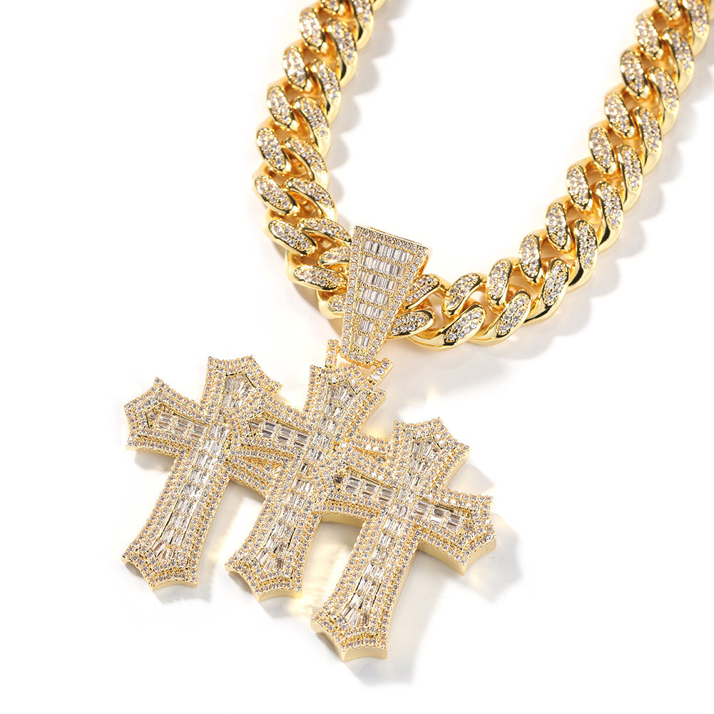 Hip-hop diamond-encrusted zircon three-cross Cuban necklace - MERGE.DAY.1.FREESTYLE