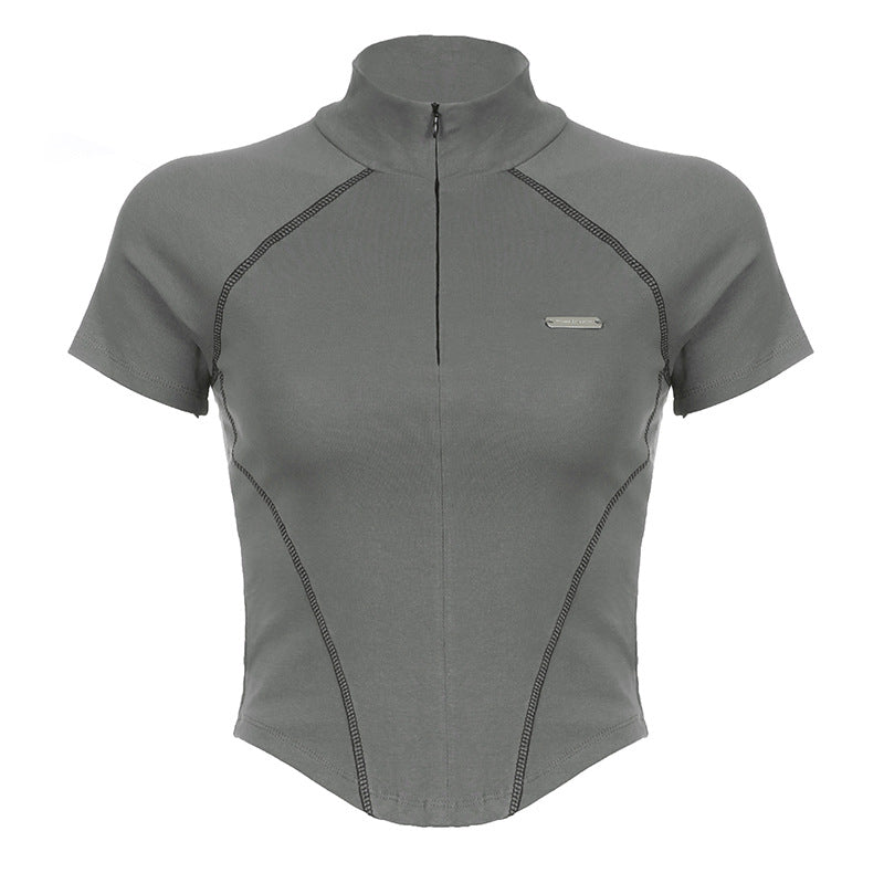 Invisible Zipper Stand Collar Short Sleeve Top Slim Fit Bottom T-Shirt - MERGE.DAY.1.FREESTYLE