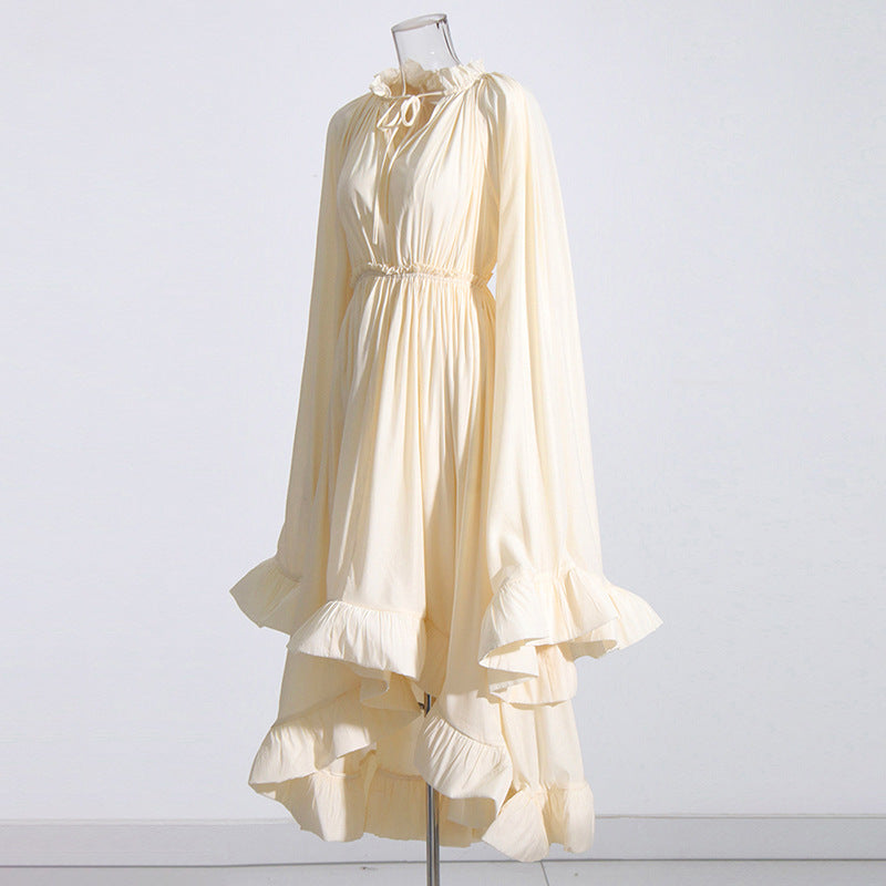 French Palace Style V-Neck Long Sleeve Shawl Pleated Ruffle Dress - MERGE.DAY.1.FREESTYLE