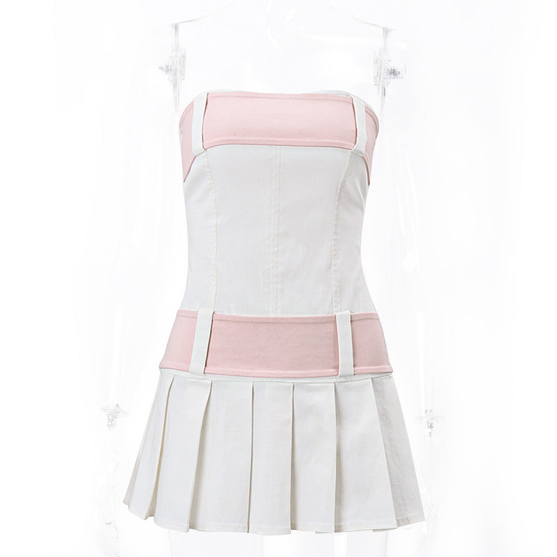 one-neck sweet strapless backless zipper contrasting color pleated dress - MERGE.DAY.1.FREESTYLE