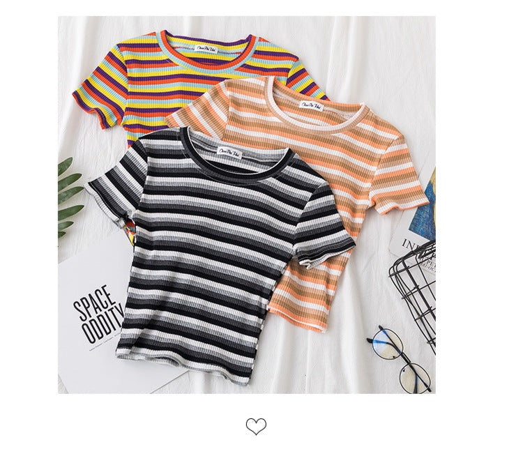 Women's short navel-baring rainbow striped tight T-shirt - MERGE.DAY.1.FREESTYLE
