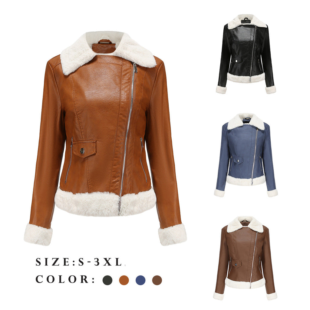 Autumn and winter fleece leather women's warm long-sleeved lapel coat jacket - MERGE.DAY.1.FREESTYLE