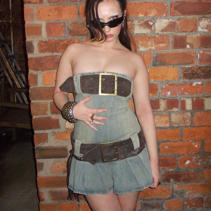 2023 summer detachable belt denim pleated bandeau denim dress - MERGE.DAY.1.FREESTYLE