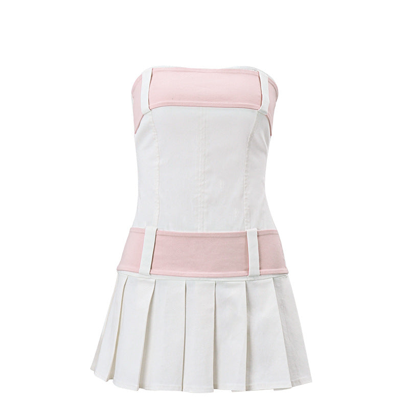 one-neck sweet strapless backless zipper contrasting color pleated dress - MERGE.DAY.1.FREESTYLE
