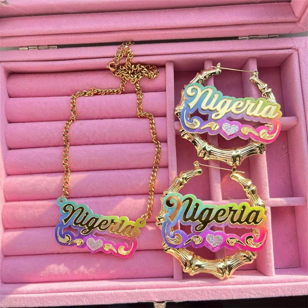 Acrylic Rainbow Gradient Name Necklace Bamboo Earring Set - MERGE.DAY.1.FREESTYLE