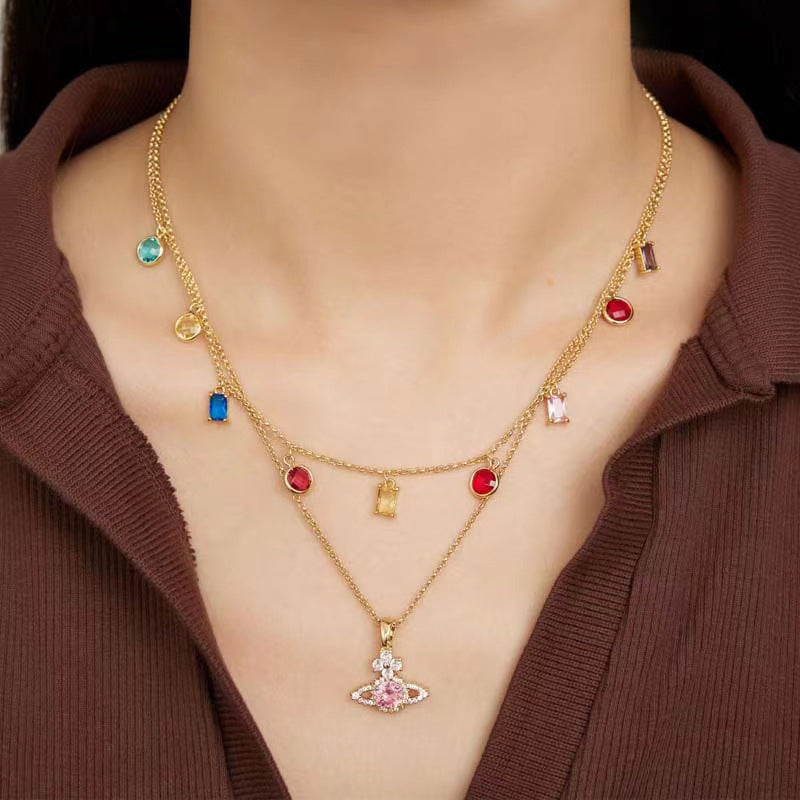 Saturn Pendant Necklace Double Gemstone Inlaid Necklace - MERGE.DAY.1.FREESTYLE