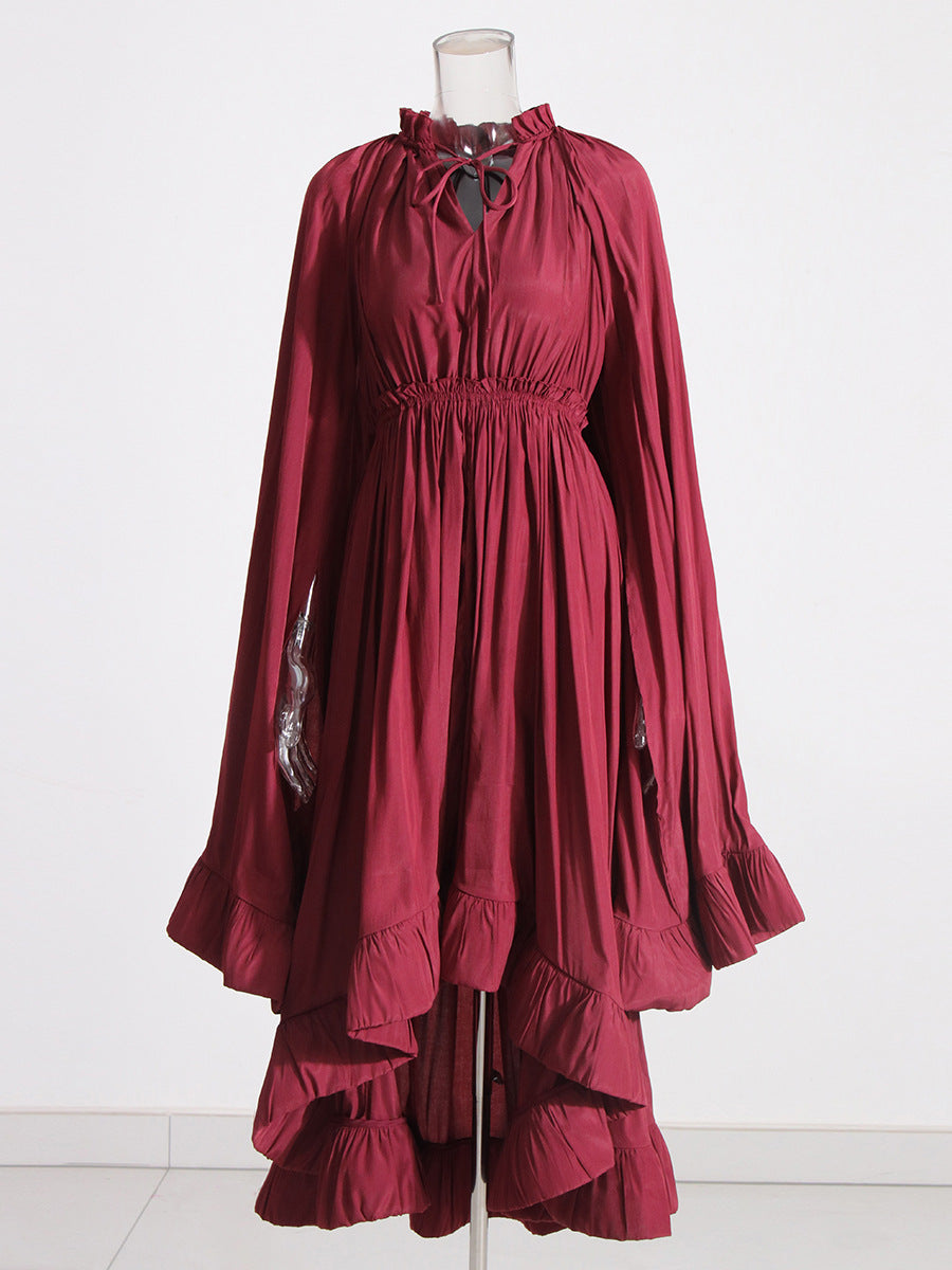 French Palace Style V-Neck Long Sleeve Shawl Pleated Ruffle Dress - MERGE.DAY.1.FREESTYLE