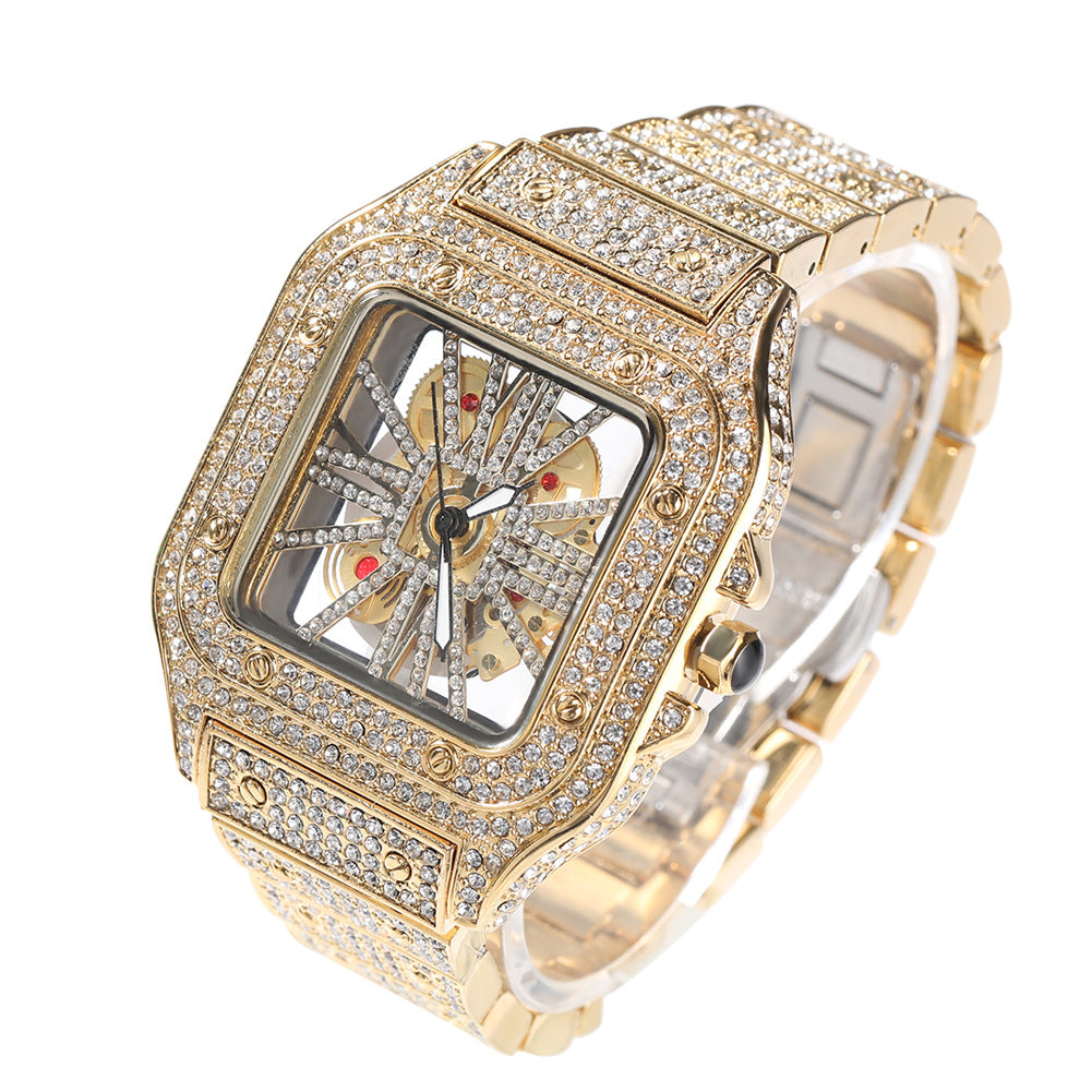 Hip-hop diamond-encrusted hollowed-out square watch - MERGE.DAY.1.FREESTYLE