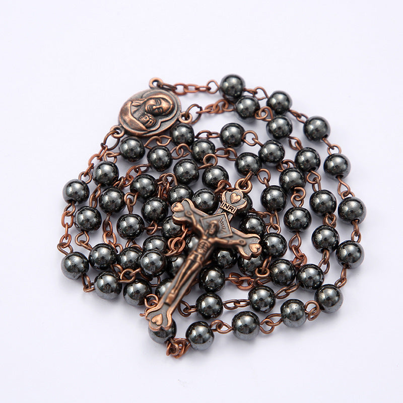 Black gallstone round bead rosary necklace - MERGE.DAY.1.FREESTYLE