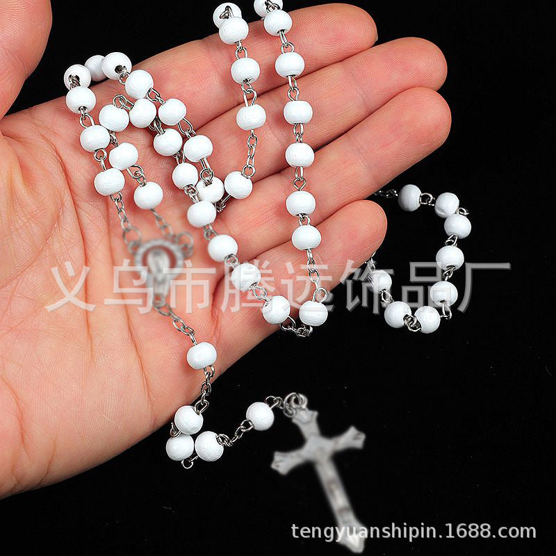rosary necklace white wooden beads necklace - MERGE.DAY.1.FREESTYLE