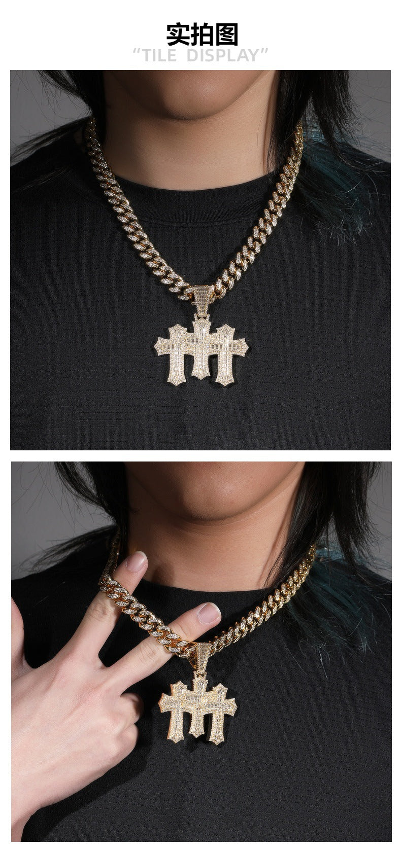 Hip-hop diamond-encrusted zircon three-cross Cuban necklace - MERGE.DAY.1.FREESTYLE