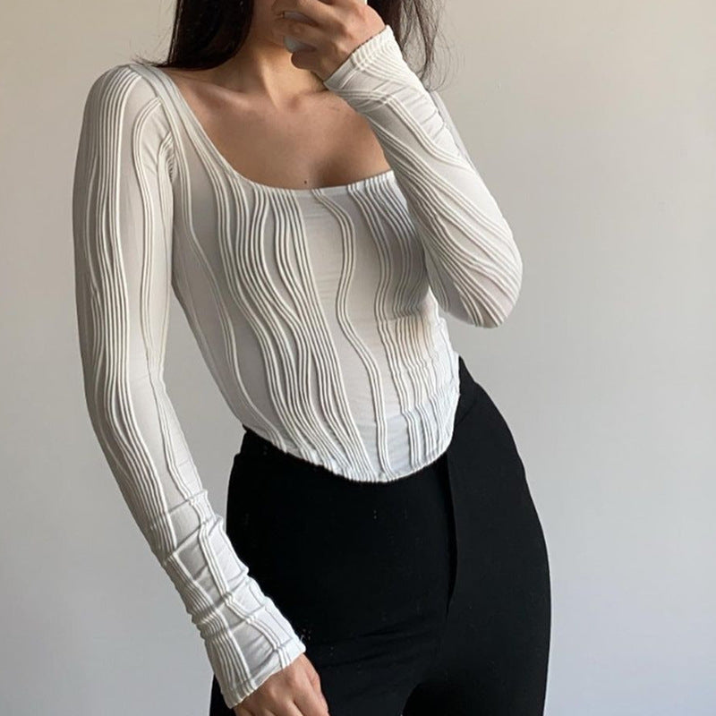 Autumn & Winter long-sleeved U-neck water ripple slim fit top T-shirt - MERGE.DAY.1.FREESTYLE