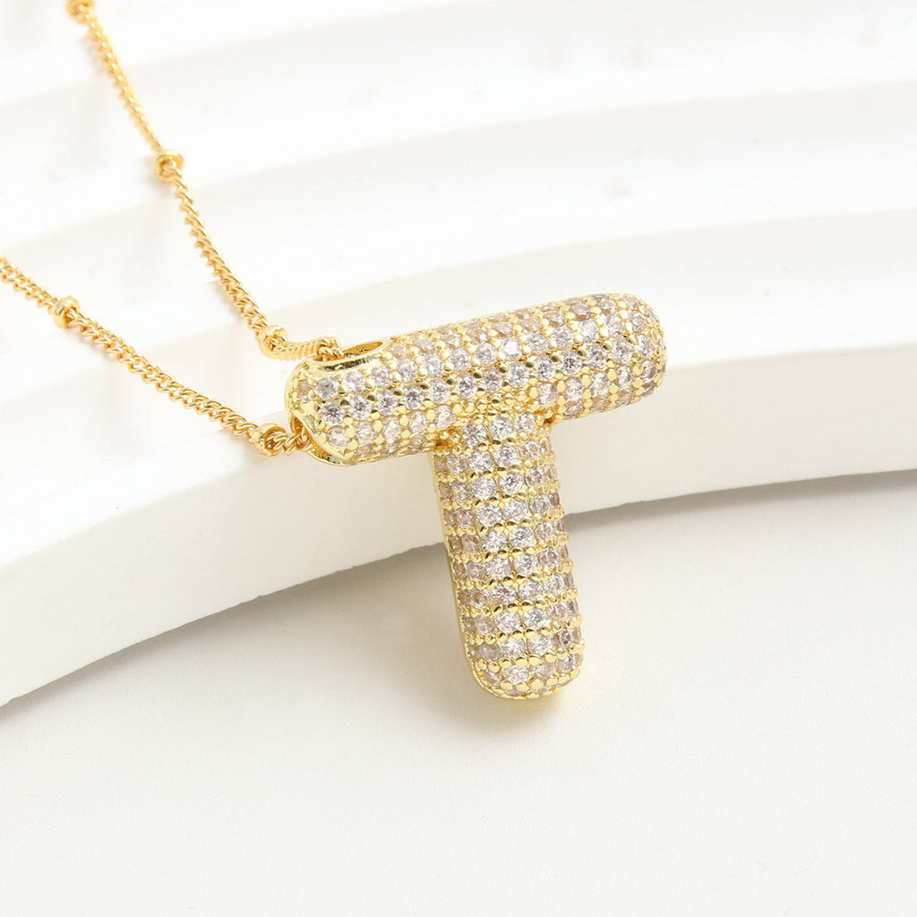 Bubble Initial Necklace 14k Gold Plated Cubic Zirconia - MERGE.DAY.1.FREESTYLE