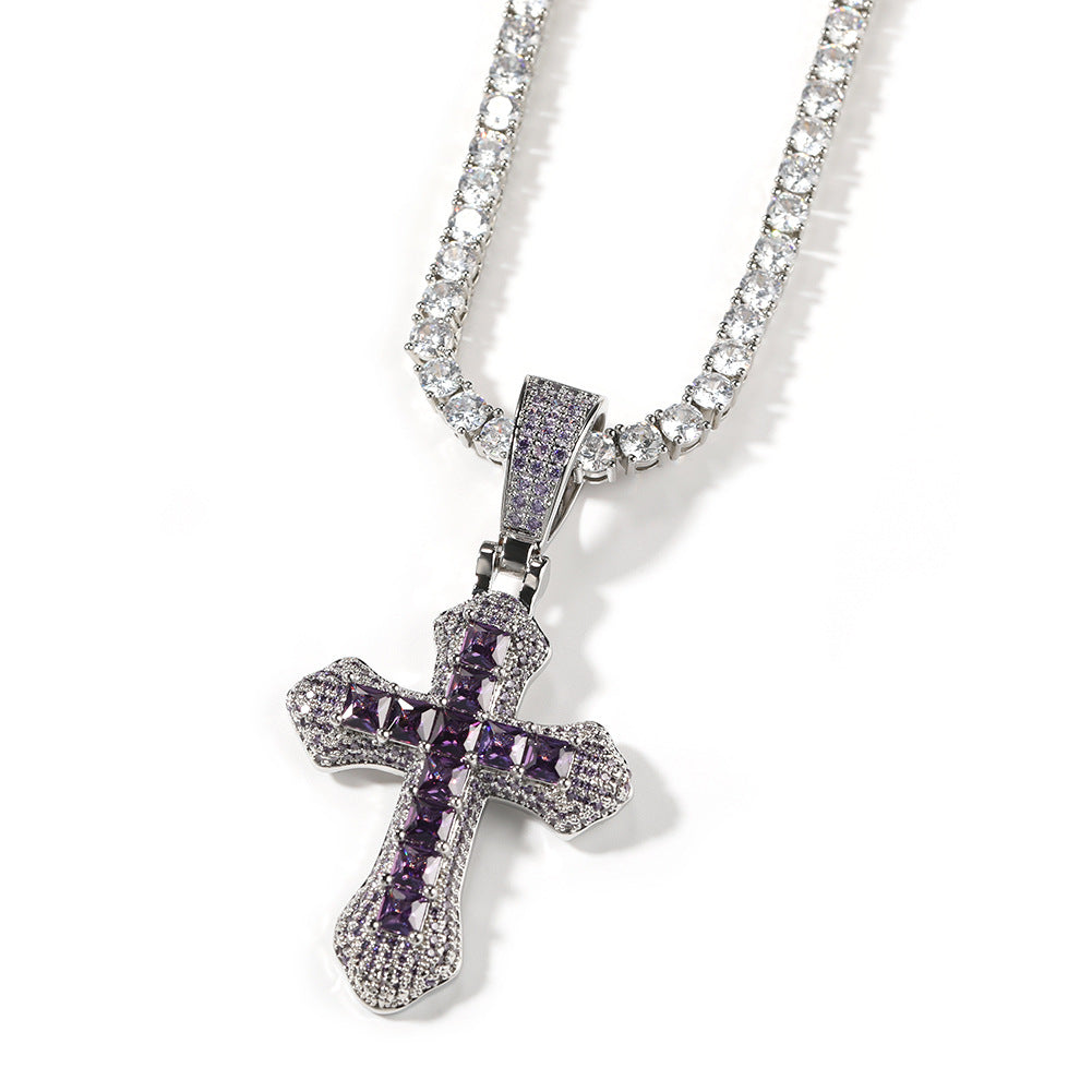 Hip-hop copper-inlaid purple zircon cross necklace - MERGE.DAY.1.FREESTYLE