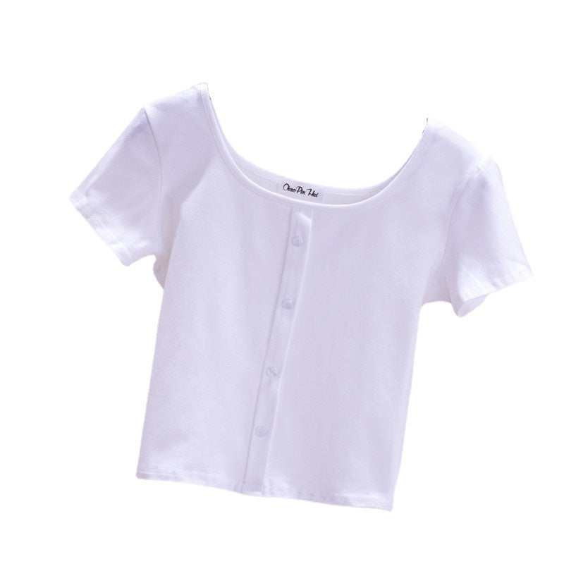 Collarbone Square Neck High Waist Navel T-Shirt Top - MERGE.DAY.1.FREESTYLE