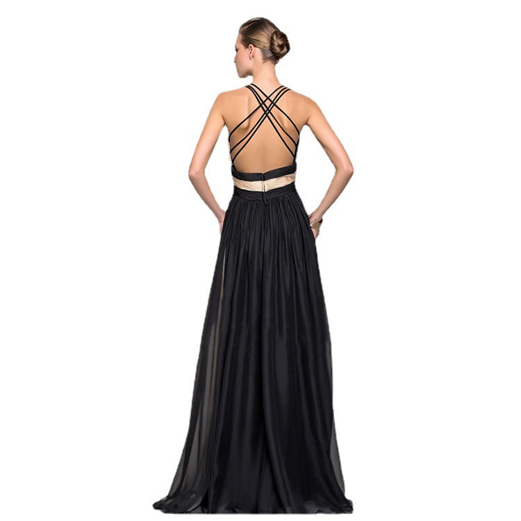 Chiffon Contrast Color Evening Gown Sleeveless V-neck Splicing Long Gown - MERGE.DAY.1.FREESTYLE