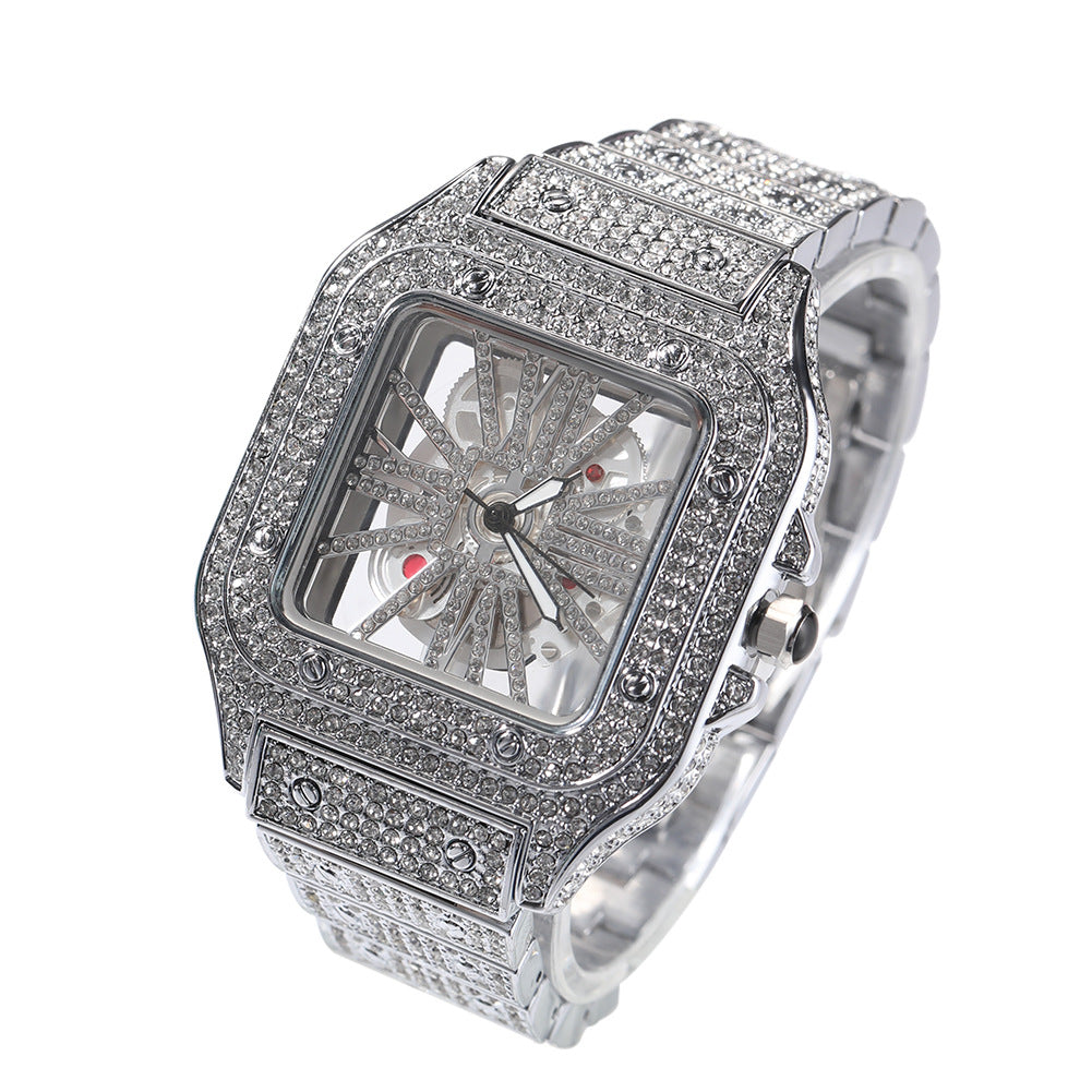 Hip-hop diamond-encrusted hollowed-out square watch - MERGE.DAY.1.FREESTYLE