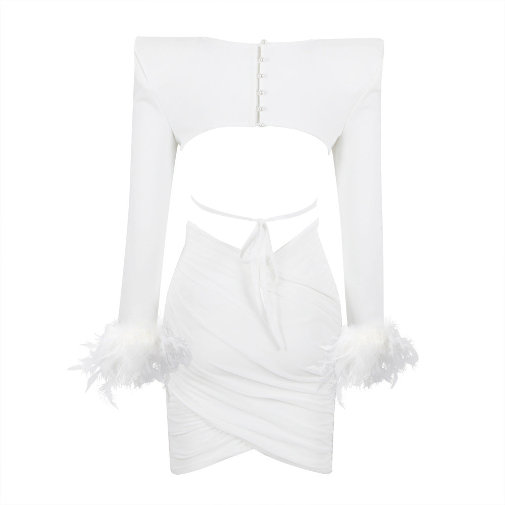 Commuting temperament feather long-sleeved dress French dress - MERGE.DAY.1.FREESTYLE
