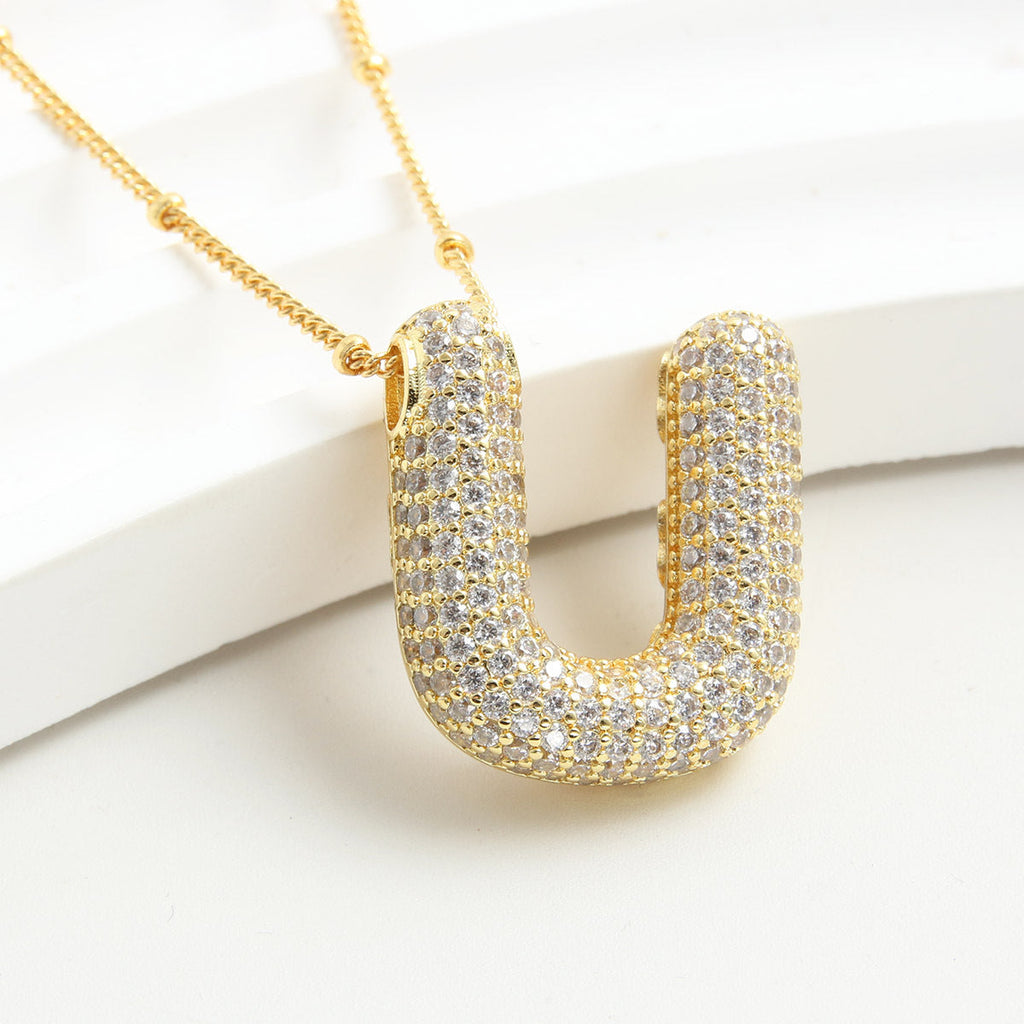 Bubble Initial Necklace 14k Gold Plated Cubic Zirconia - MERGE.DAY.1.FREESTYLE