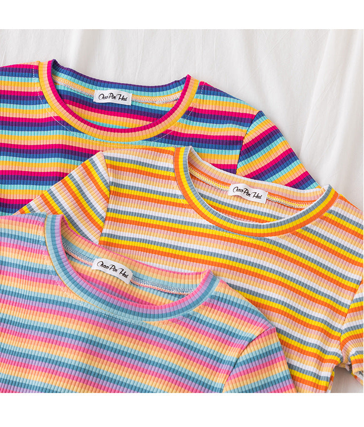 Women's short navel-baring rainbow striped tight T-shirt - MERGE.DAY.1.FREESTYLE