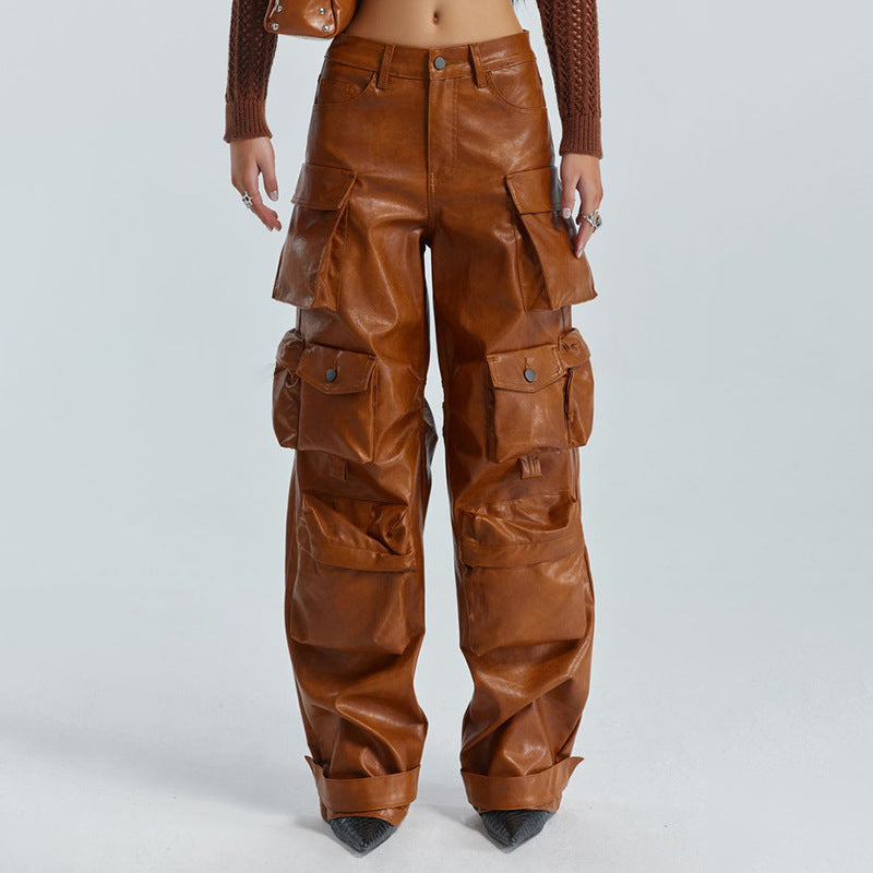 Multi-pocket overalls leather pants personality loose overalls - MERGE.DAY.1.FREESTYLE