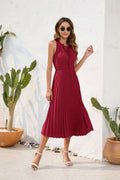 Tie High Waist Pleated Pom Dress Sleeveless Summer Dress - MERGE.DAY.1.FREESTYLE