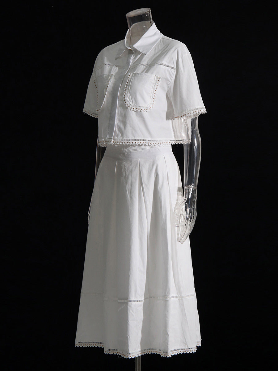 Lapel short-sleeved shirt + skirt lace embroidery two-piece suit for women - MERGE.DAY.1.FREESTYLE