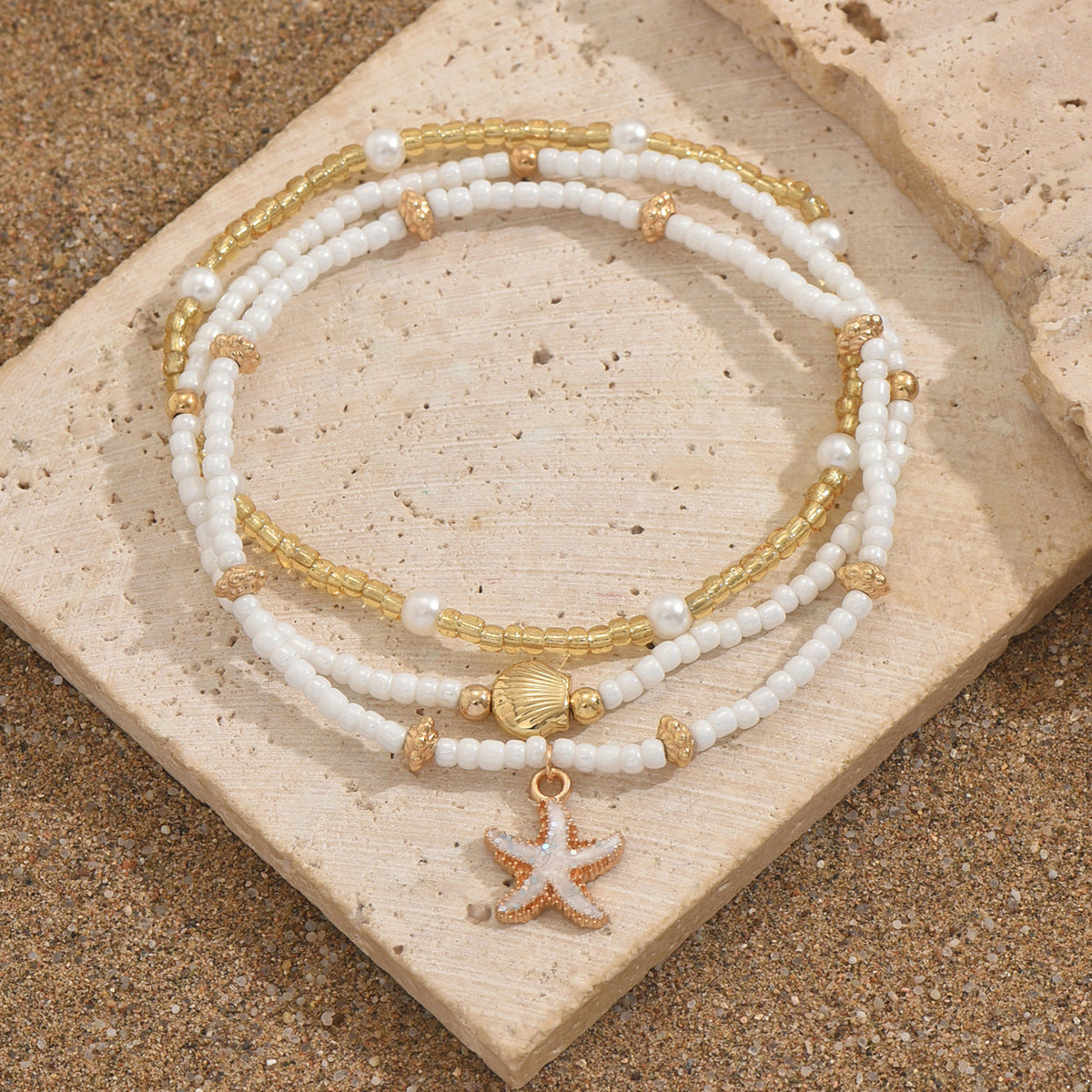 Starfish shell millet beaded anklet three-layer set - MERGE.DAY.1.FREESTYLE