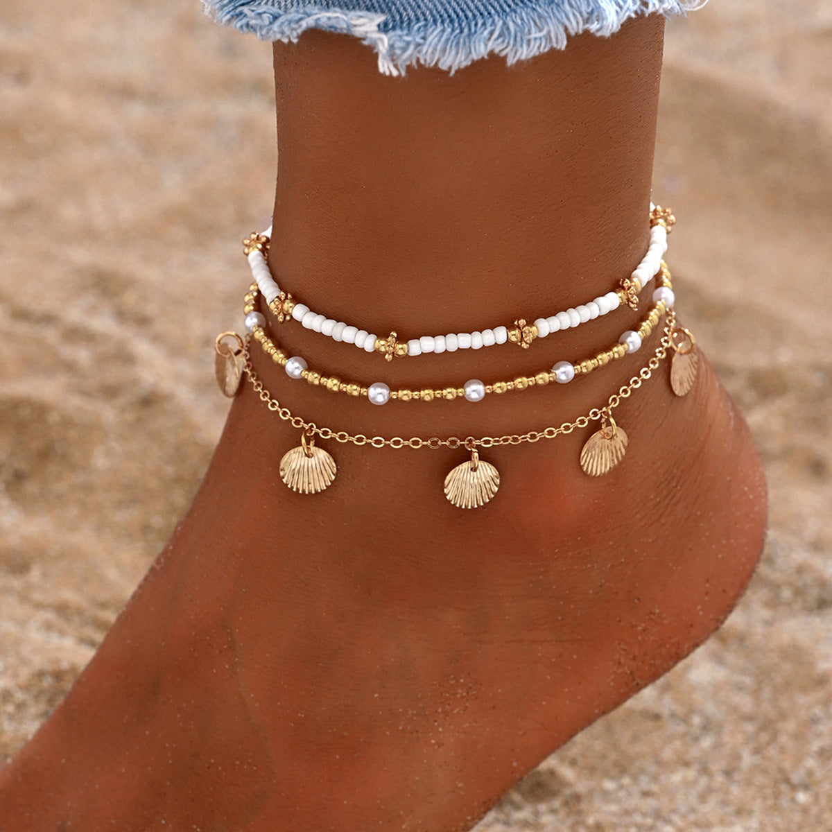 Starfish shell millet beaded anklet three-layer set - MERGE.DAY.1.FREESTYLE