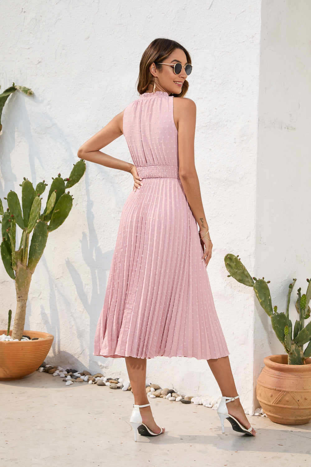 Tie High Waist Pleated Pom Dress Sleeveless Summer Dress - MERGE.DAY.1.FREESTYLE