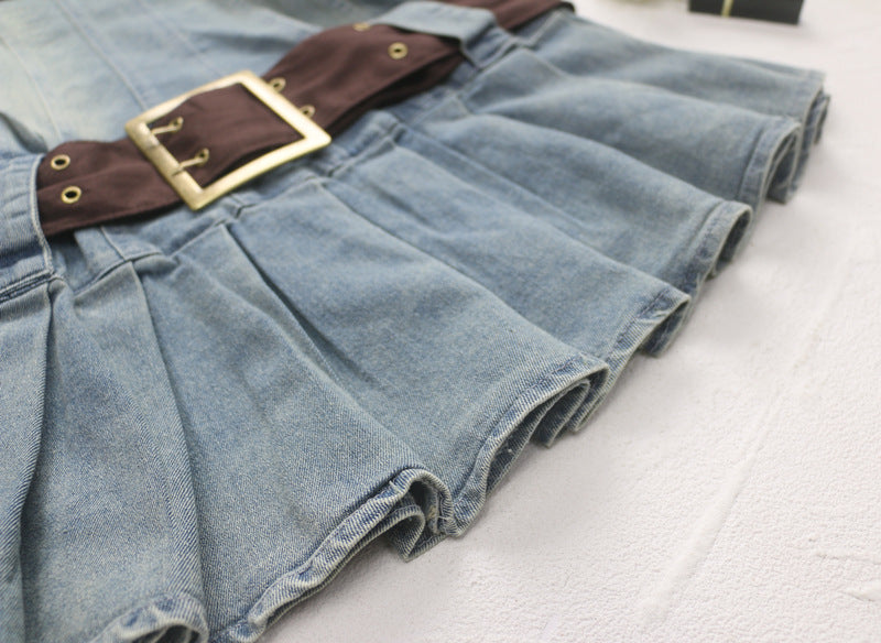 2023 summer detachable belt denim pleated bandeau denim dress - MERGE.DAY.1.FREESTYLE