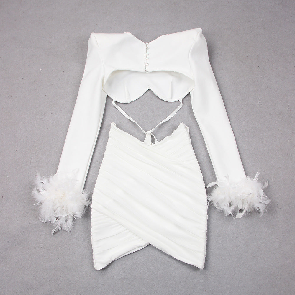 Commuting temperament feather long-sleeved dress French dress - MERGE.DAY.1.FREESTYLE