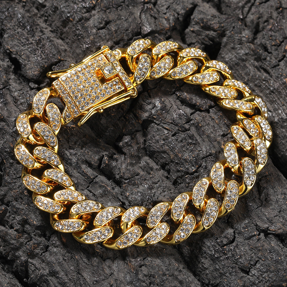 Hip-Hop 12mm Diamond-Encrusted Cuban Chain Bracelet - MERGE.DAY.1.FREESTYLE