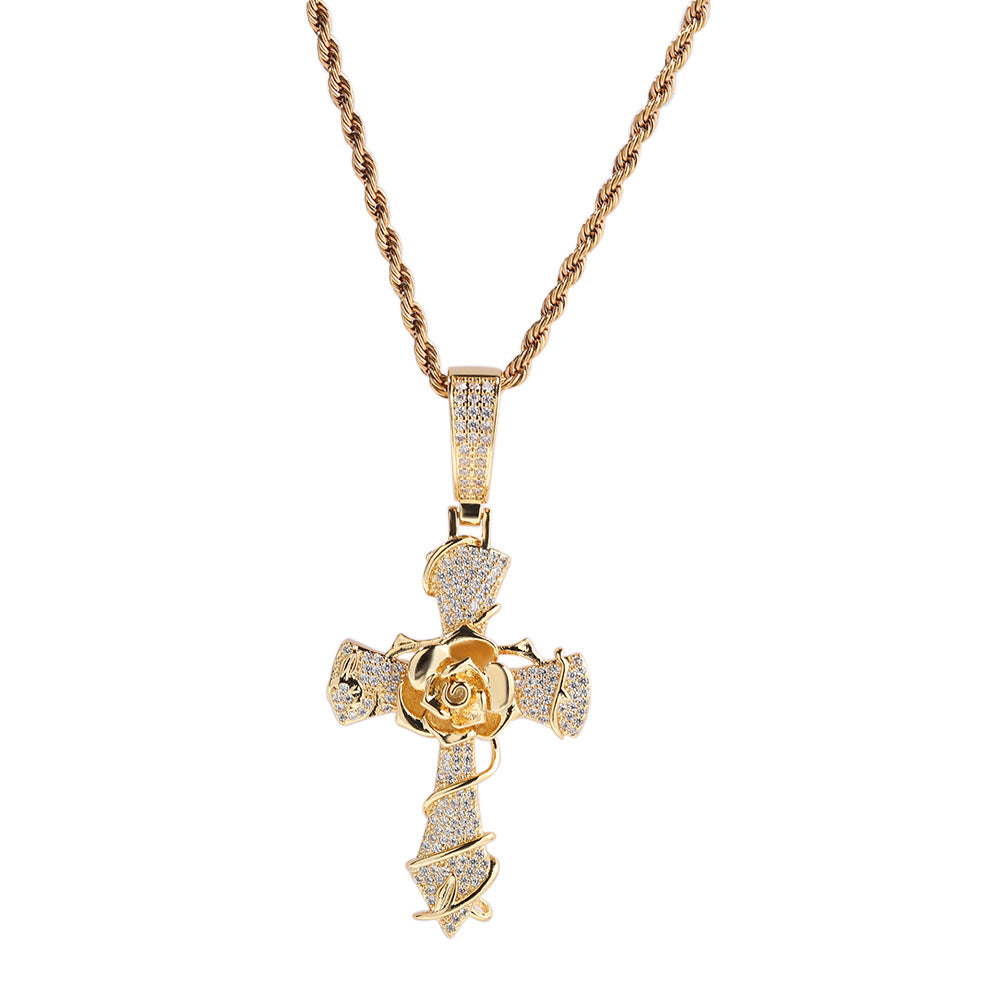 Copper set 5A zirconia rose cross pendant necklace - MERGE.DAY.1.FREESTYLE