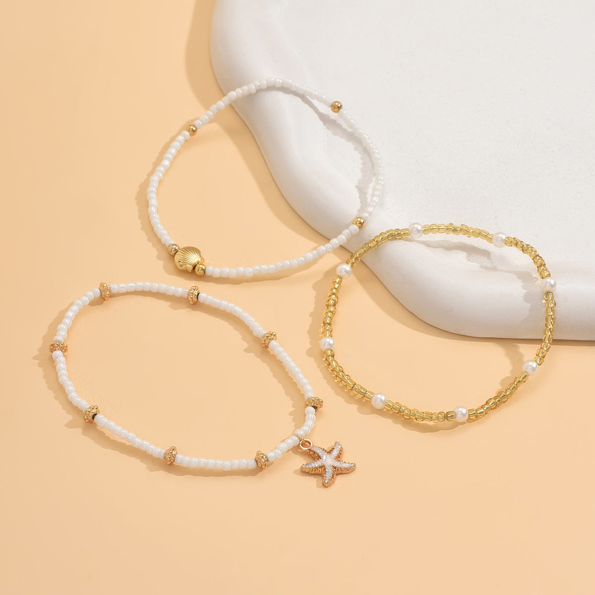 Starfish shell millet beaded anklet three-layer set - MERGE.DAY.1.FREESTYLE