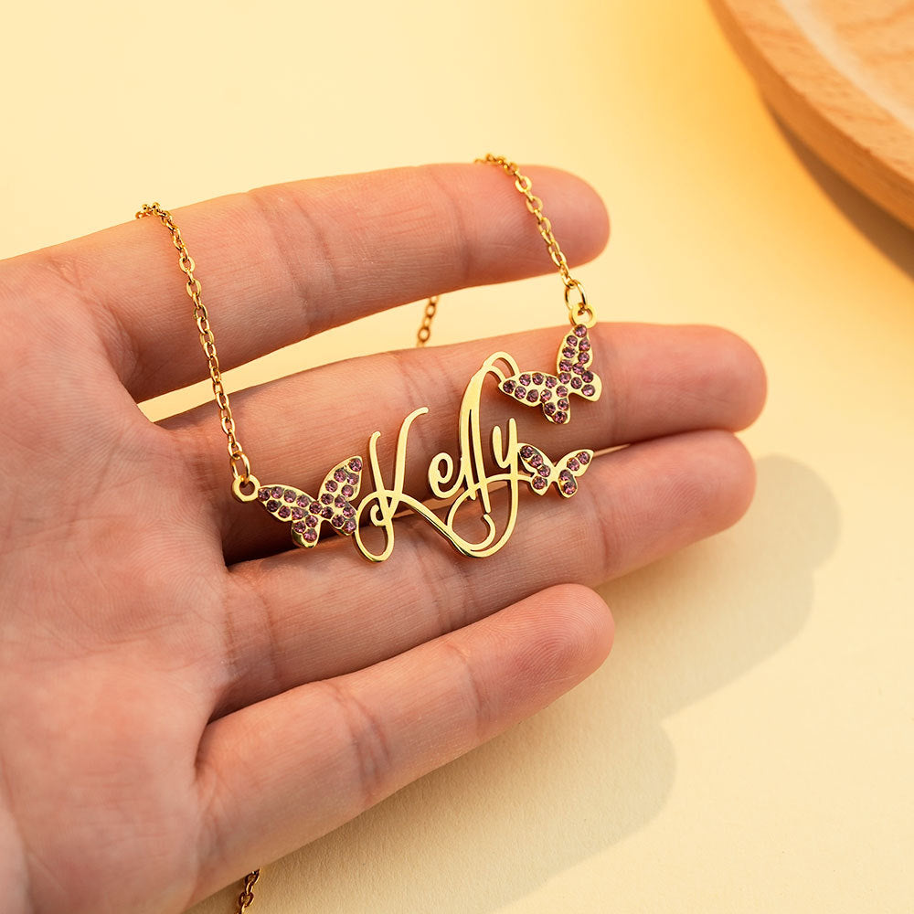 Butterfly Full Diamond Customized Name Necklace - MERGE.DAY.1.FREESTYLE