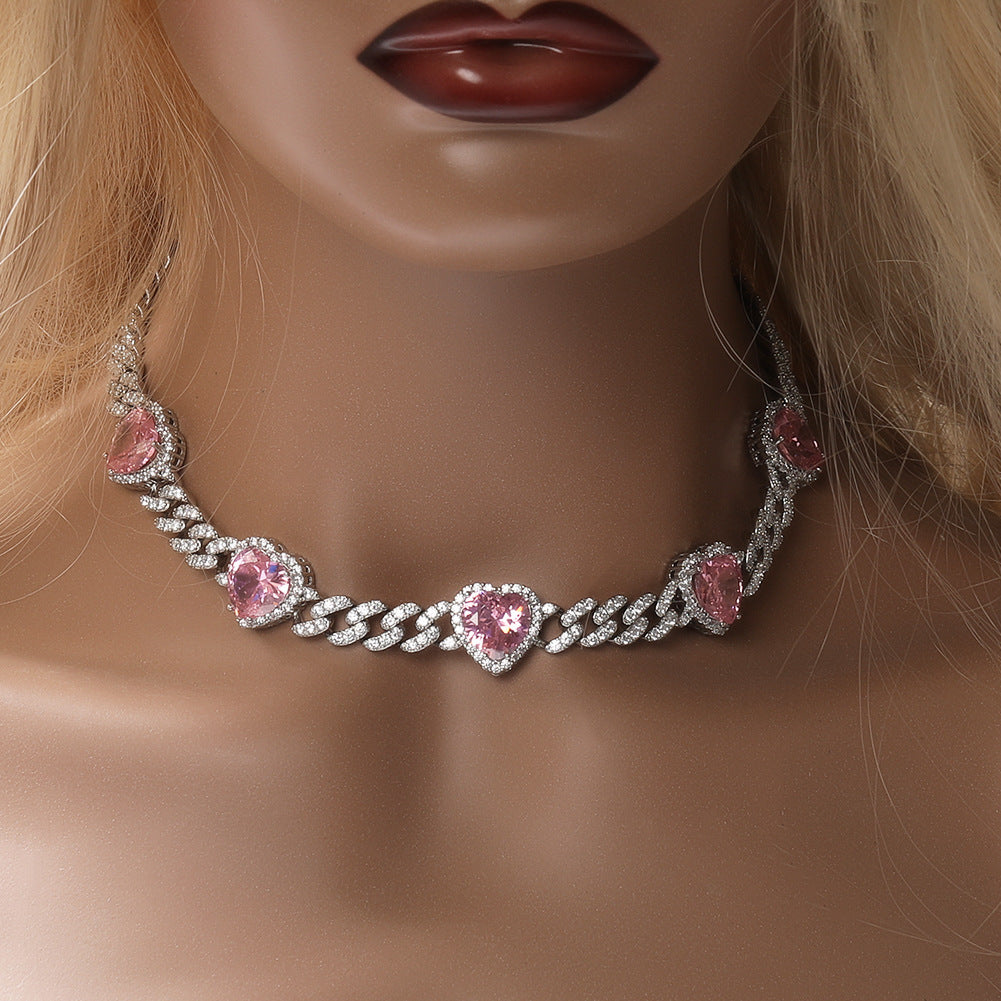 Heart Diamond Necklace Hip Hop 9MM Pink Zircon Cuban Chain - MERGE.DAY.1.FREESTYLE