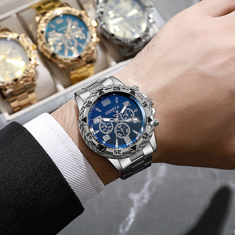 Men's Fake Three-Eye Casual Steel Band Watches - MERGE.DAY.1.FREESTYLE