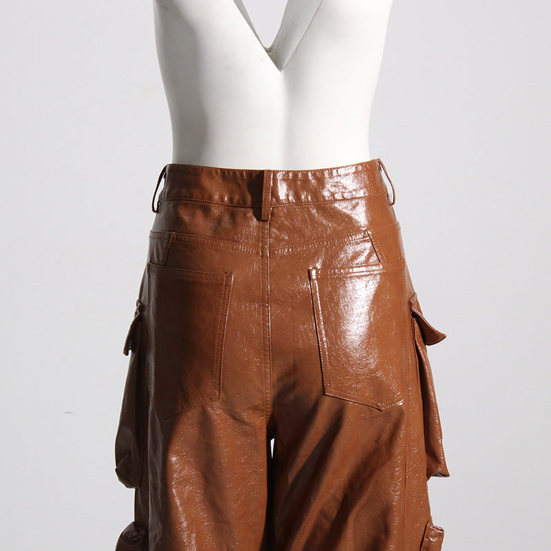 Multi-pocket overalls leather pants personality loose overalls - MERGE.DAY.1.FREESTYLE